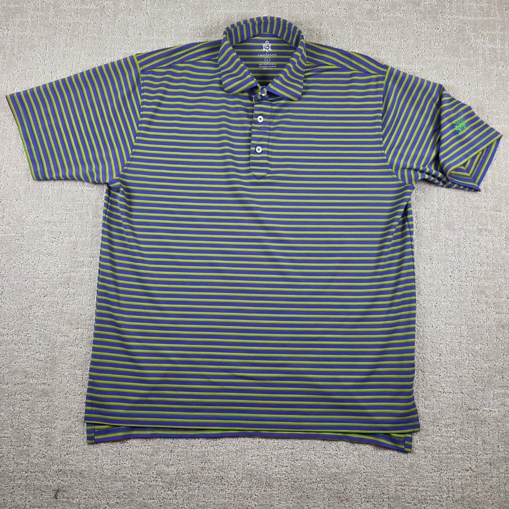 Turtleson Tour Performance Mens Large Striped Golf Polo Shirt Blue Green Stretch